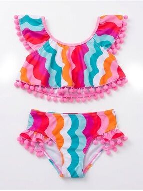 Nicole Miller Kids Retro Wavy Two-Piece Swimsuit with Pom-Pom Trim | 5